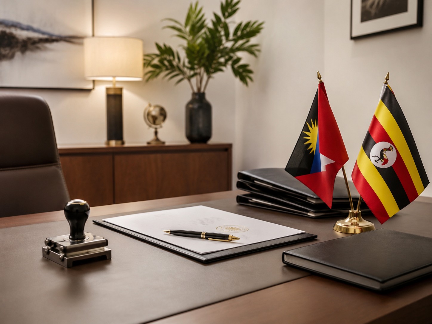 Antigua and Barbuda and Uganda flags in a diplomatic office