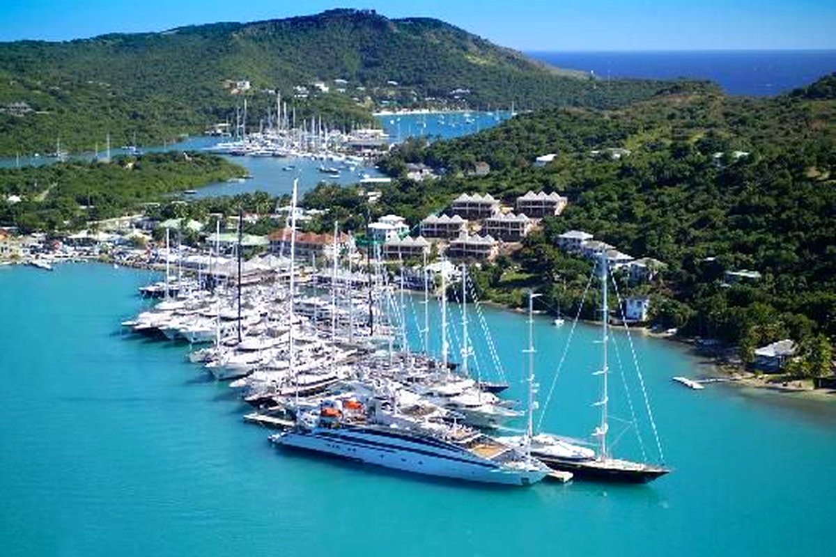 Yachts and sailboats in a marina harbour in Antigua